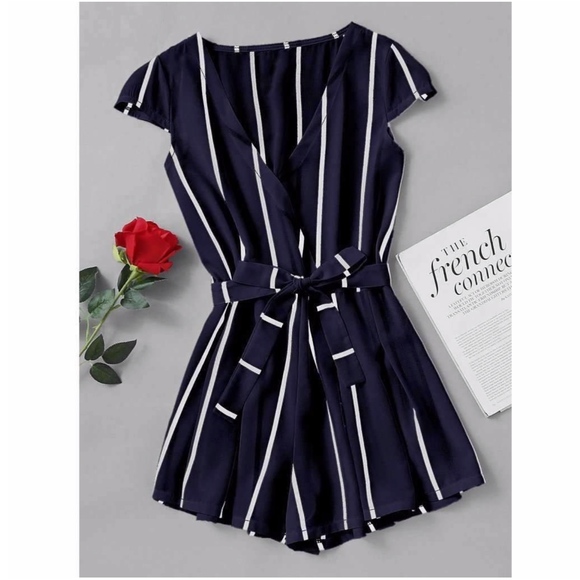 Vertical Striped Surplice V-Neck Tie Belt Romper - Picture 3 of 8